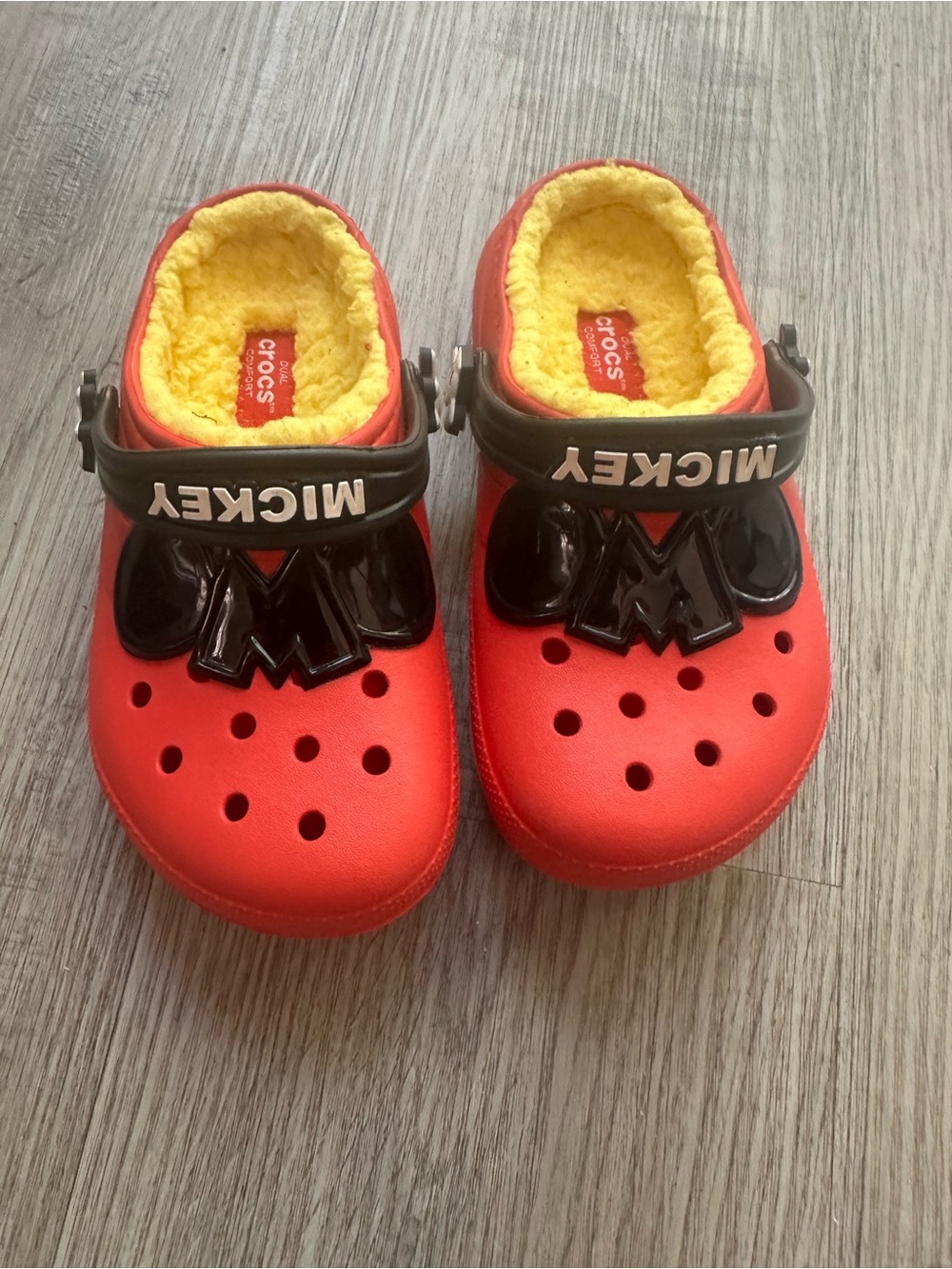 CROCS Kids Red Clog with Yellow Fleece Lining and Black Strap